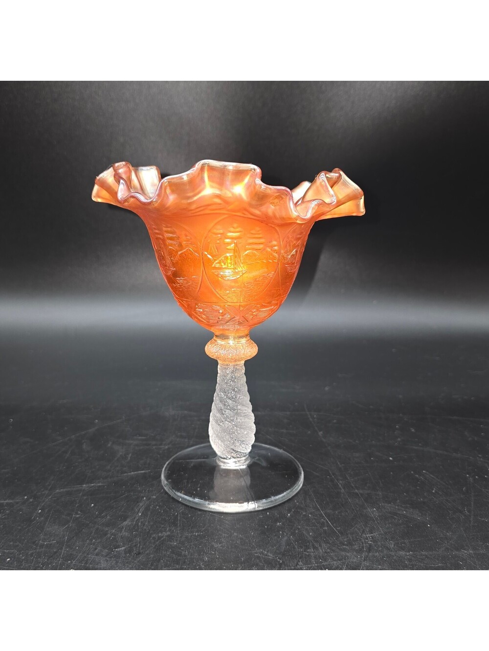 Vintage Fenton Marigold Carnival Glass Sailboat Compote Ruffled Dish Clear Stem